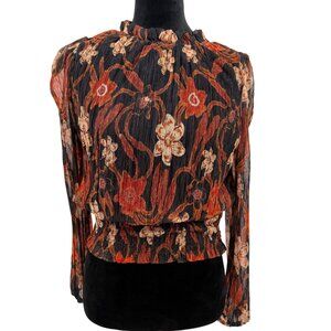 Joie Dark Floral Sheer Blouse Top Women M Smocked Cinched Waist Bohemian Crinkle